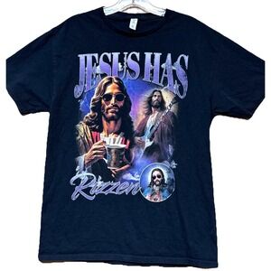 Jesus Has Rizzen T-Shirt Size Med Black Religous Coffee Guitar Retro